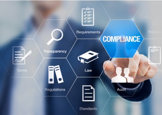 Illustration of regulatory compliance concepts, including requirements, transparency, standards and audit